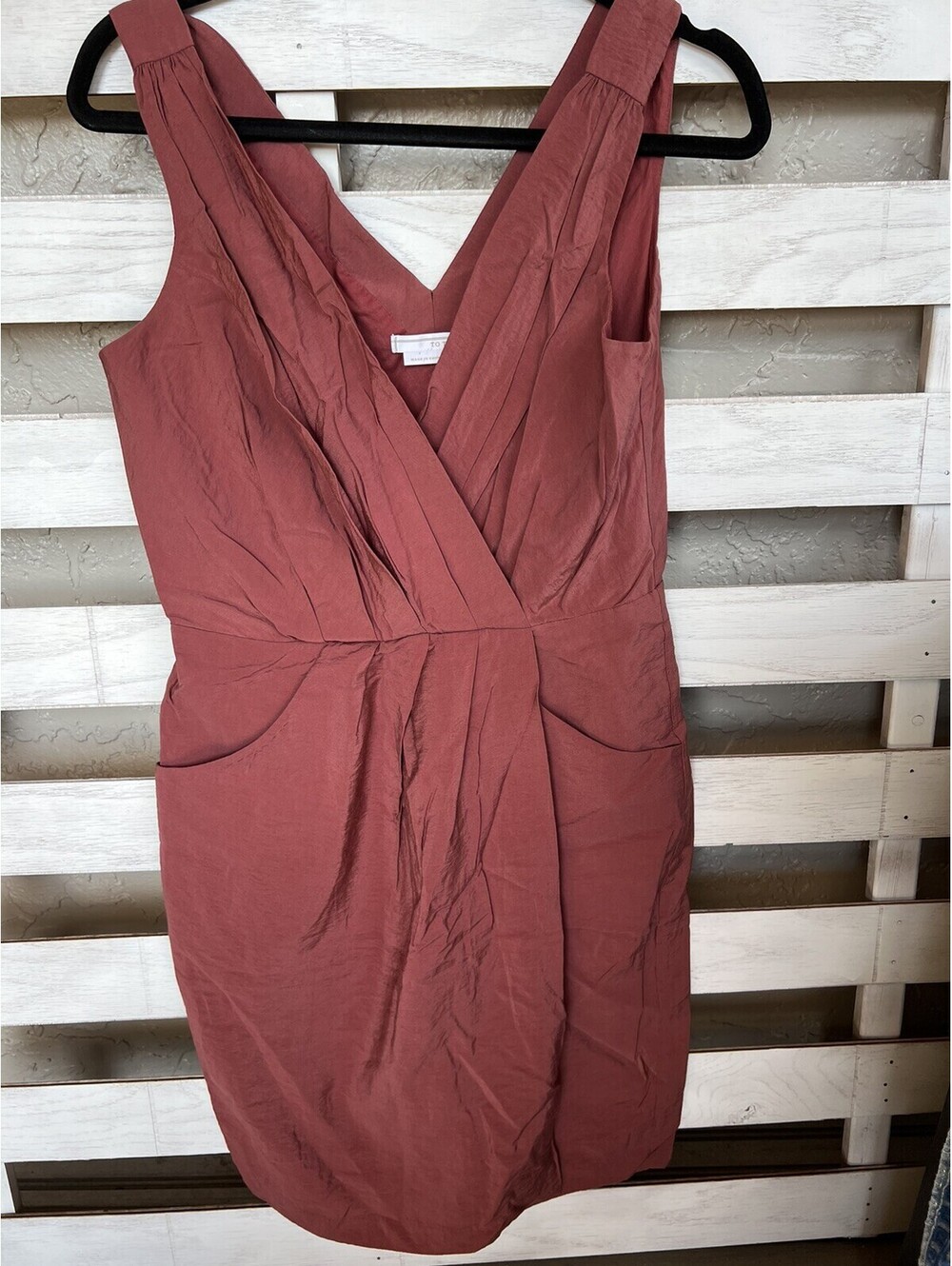 To The Max Sleeveless Dress Crossover Pleated Lined Pockets Rusty Red Womens S.